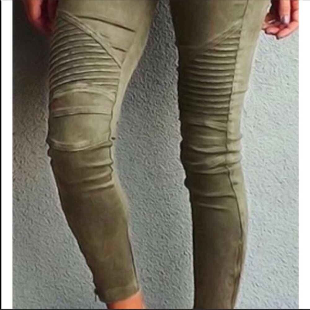 Olive Green Moto Leggings - Picture 2 of 6